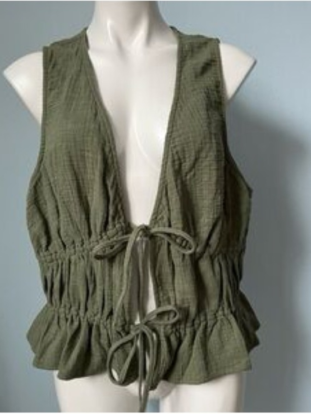 Aerie Sleeveless Drawstring Tank Top Gauze Cotton Cottagecore Olive Green Medium - Picture 10 of 10